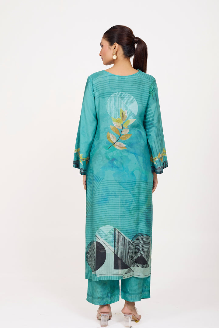 Printed Kurta & Pant - Hand Embroidered - Set of 2 - Sea Green - Muslin Silk