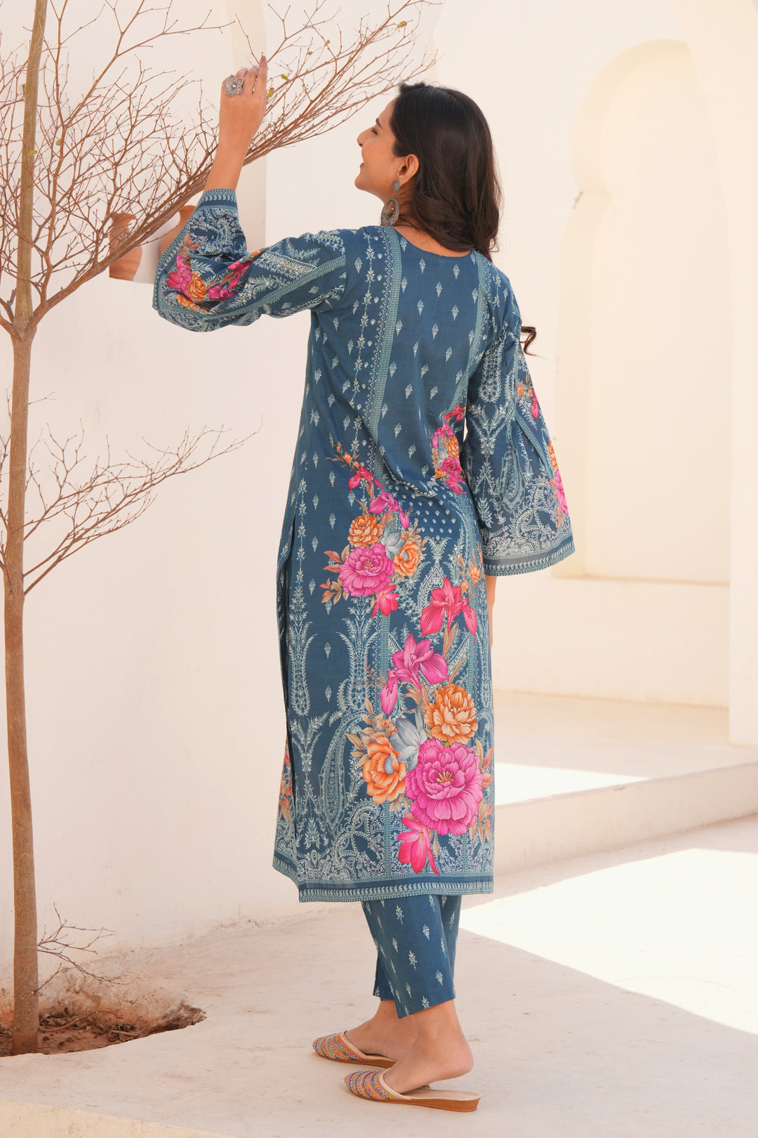Printed Cotton Kurta & Pant - Hand Embroidered - Set of 2 - Blue