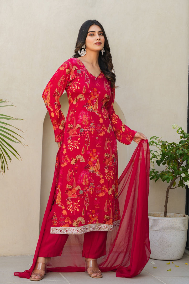 FLORAL PRINTED KURTA & PANT PAIRED WITH A DUPATTA - HAND EMBROIDERED - SET OF 3 - REDDISH MAROON