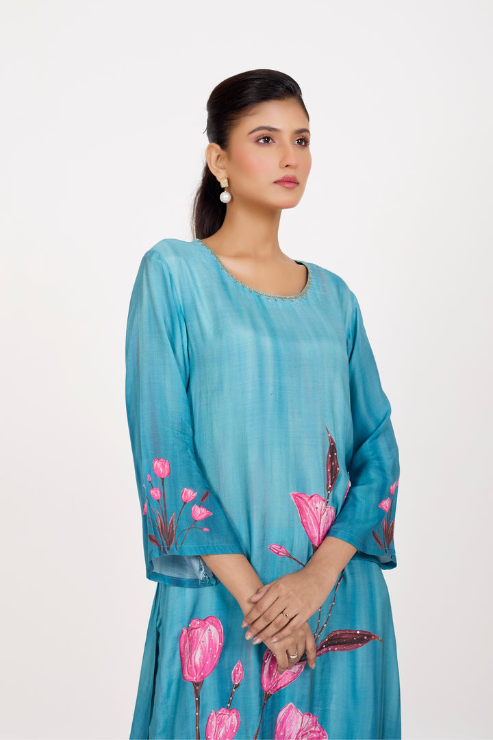 Printed Kurta & Pant - Hand Embroidered - Set of 2 - Blue - Muslin Silk