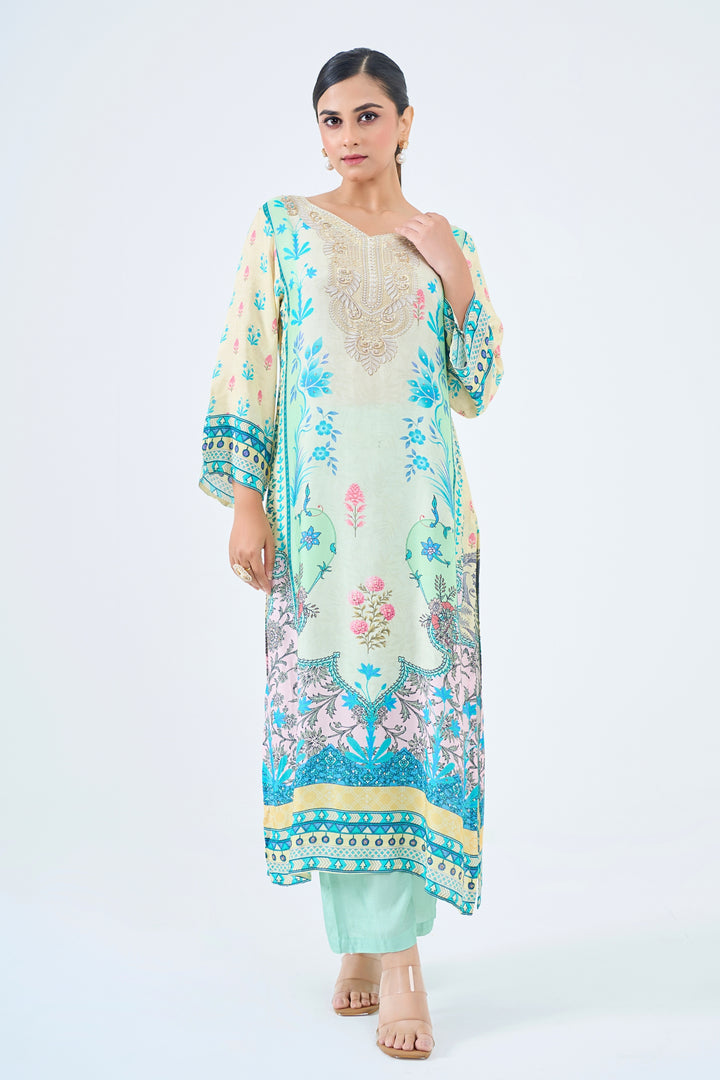 Printed Muslin Silk Kurta &amp; Pant Set - Hand Embroidered – Mint Green