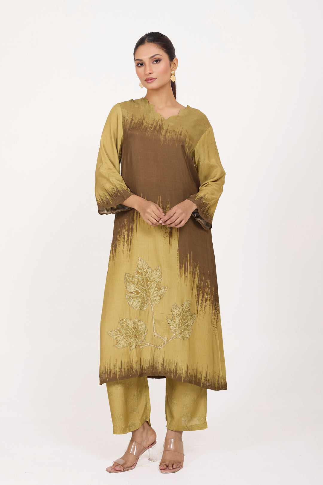 Printed Kurta & Pant - Hand Embroidered - Set of 2 - Brown - Muslin Silk