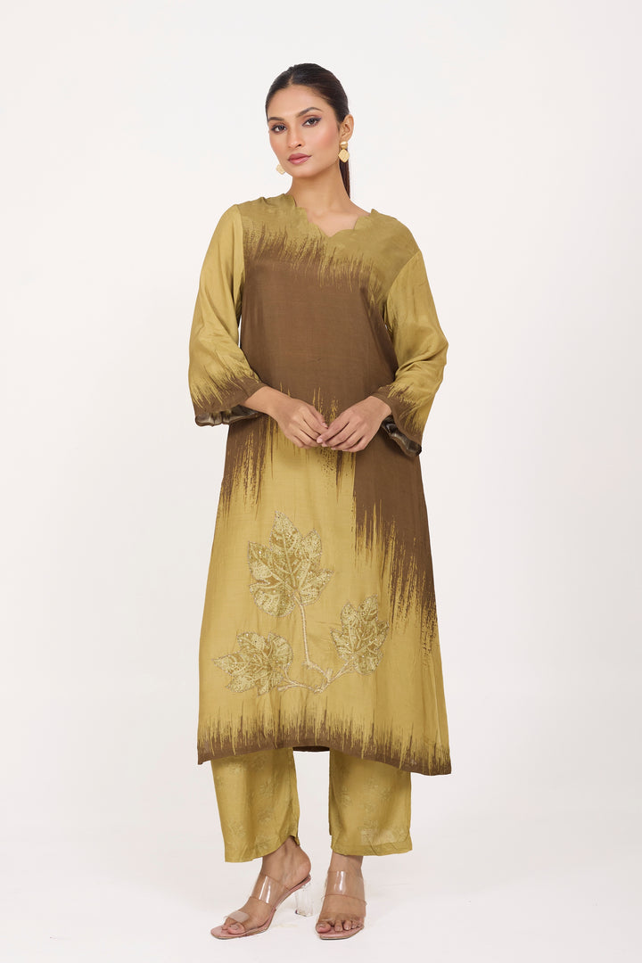 Printed Kurta & Pant - Hand Embroidered - Set of 2 - Brown - Muslin Silk