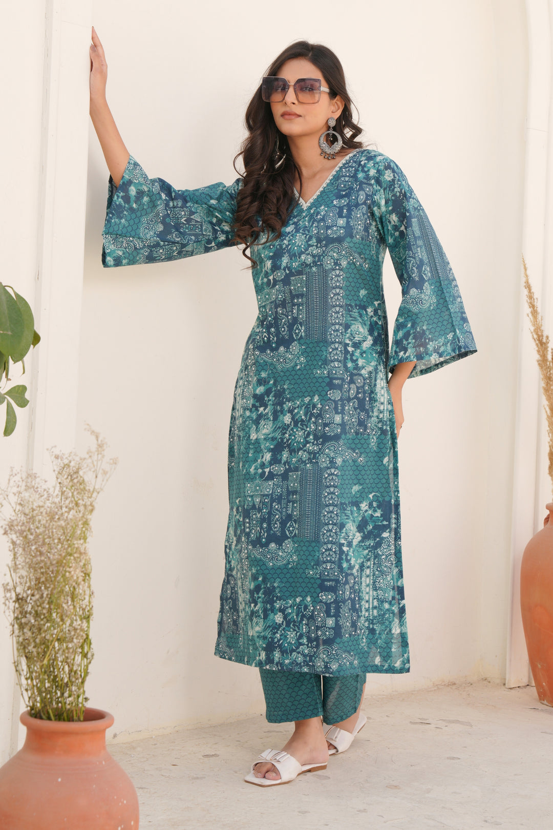 Printed Cotton Kurta & Pant - Hand Embroidered - Set of 2 - Sea Green