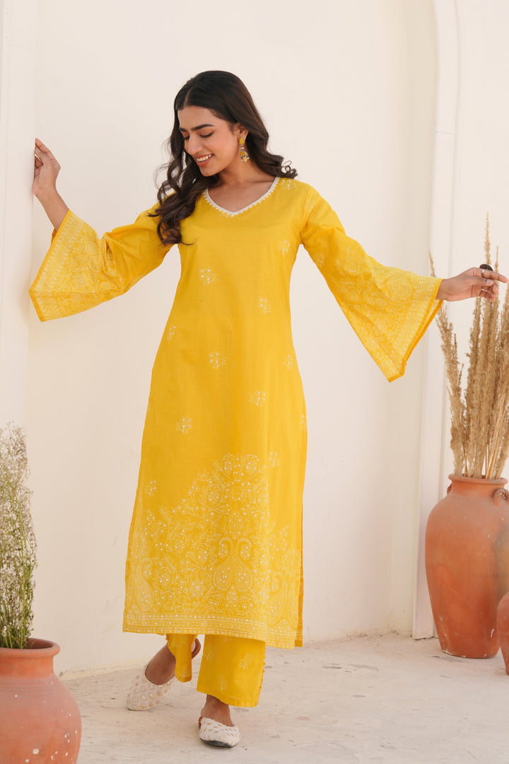 Printed Cotton Kurta & Pant - Hand Embroidered - Set of 2 - Yellow