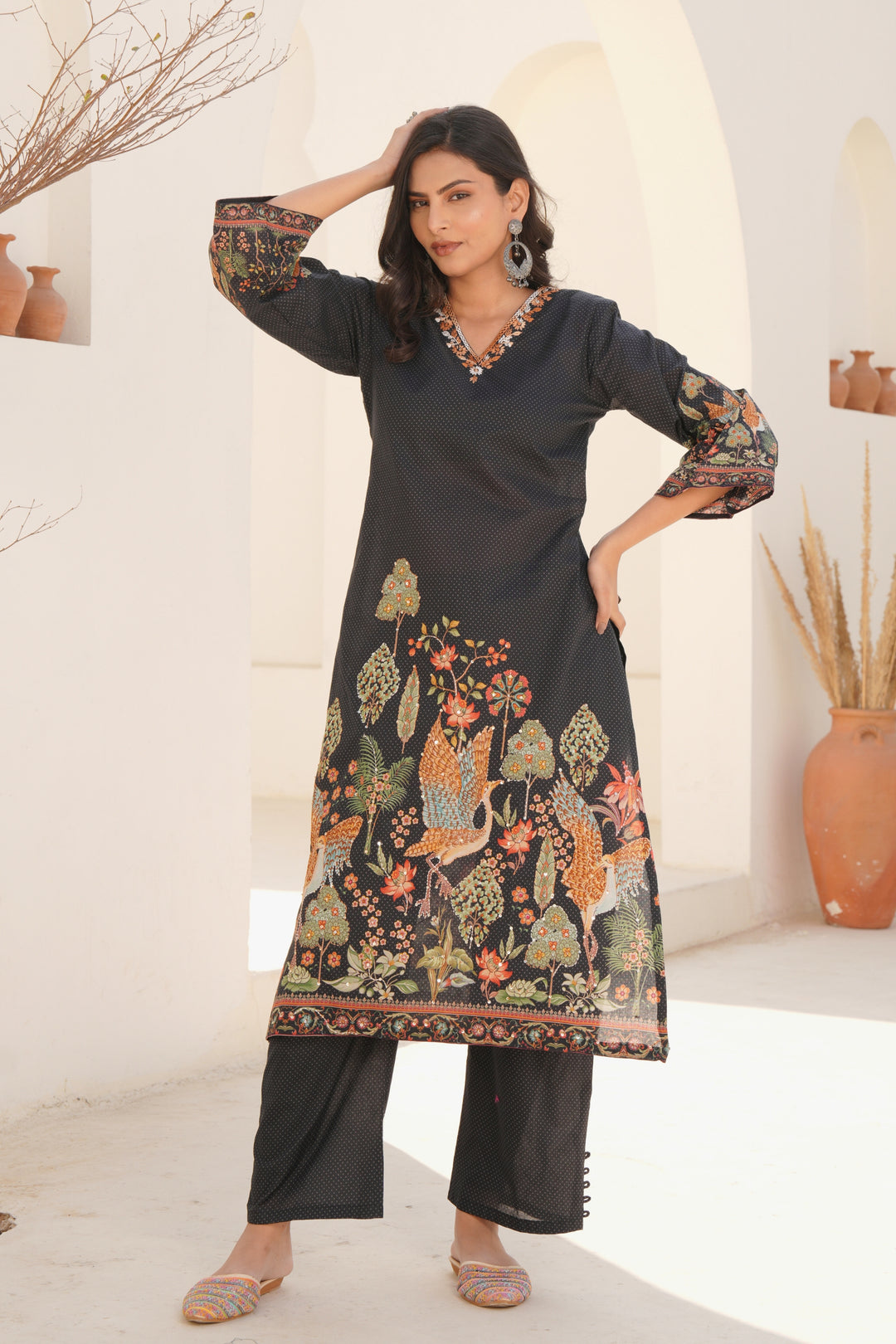 Printed Cotton Kurta & Pant - Hand Embroidered - Set of 2 - Black