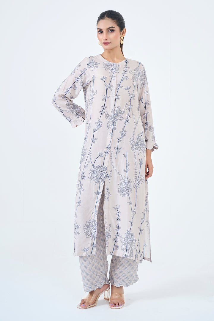 Printed Muslin Silk Kurta &amp; Pant – Embroidered – Set of 2 – Misty Grey