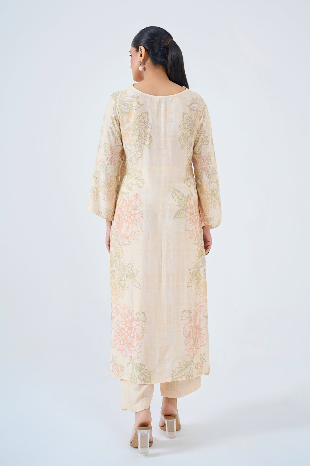 Printed Muslin Silk Kurta &amp; Pant Set – Hand Embroidered - Soft Beige