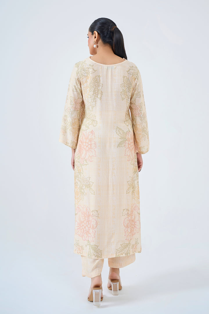 Printed Muslin Silk Kurta &amp; Pant Set – Hand Embroidered - Soft Beige
