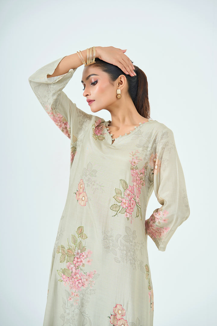 Floral Printed Muslin Silk Kurta &amp; Pant Set - Hand Embroidered – Sage Green