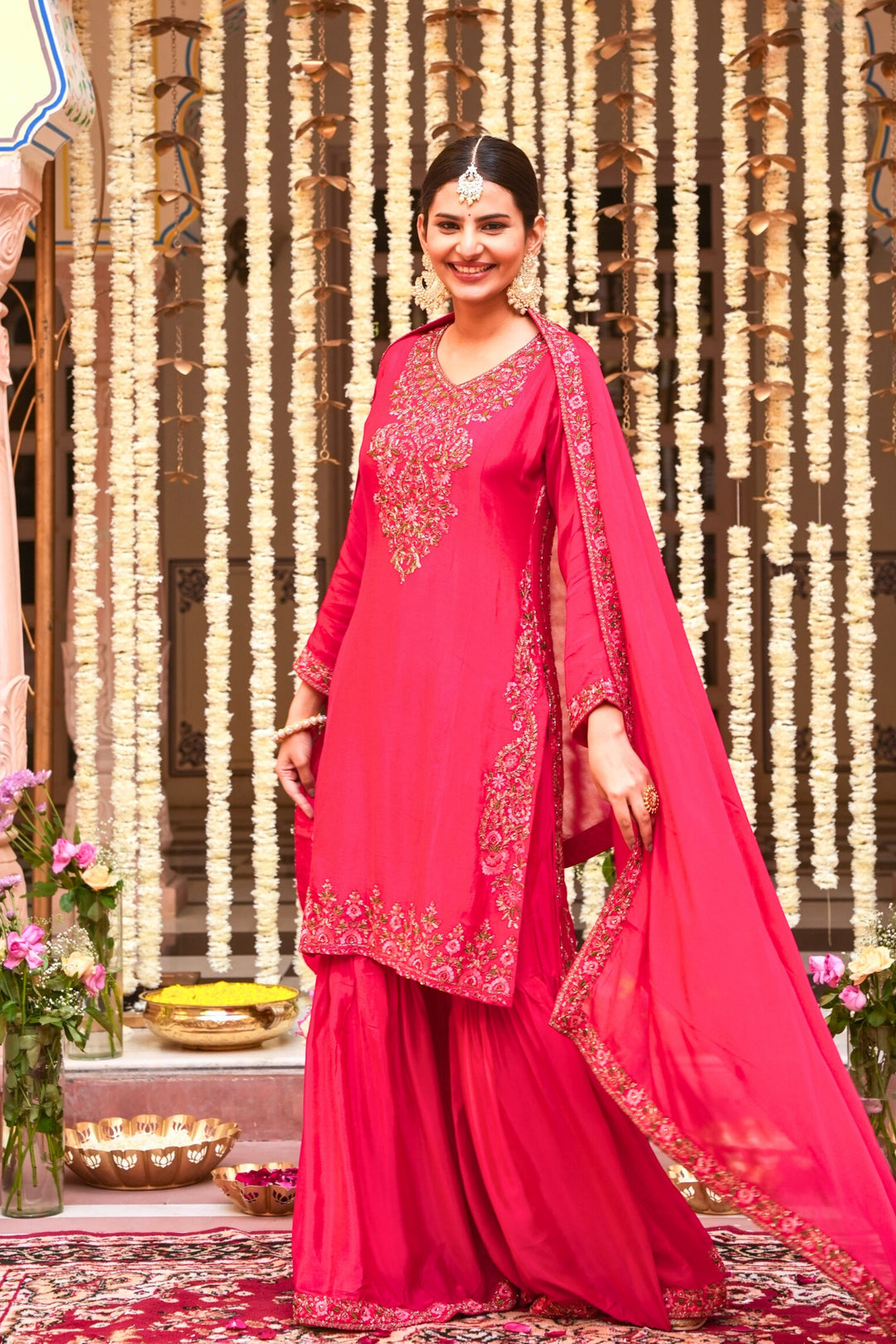 PINK SHARARA SET FOR WOMEN - PAIRED WITH DUPATTA - EMBROIDERED WITH RESHAM & HANDWORK - SET OF 3