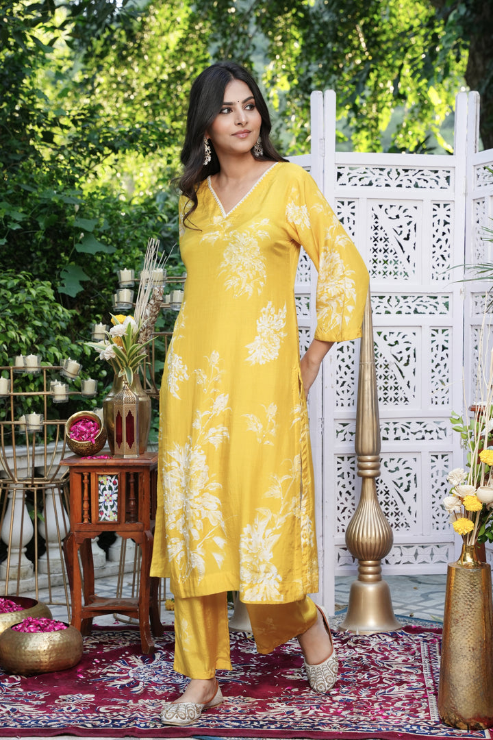 Floral Printed Kurta & Pant - Hand Embroidered - Set of 2 - Yellow