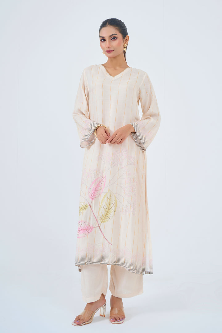 Printed Muslin Silk Kurta &amp; Pant – Embroidered – Set of 2 – Off White