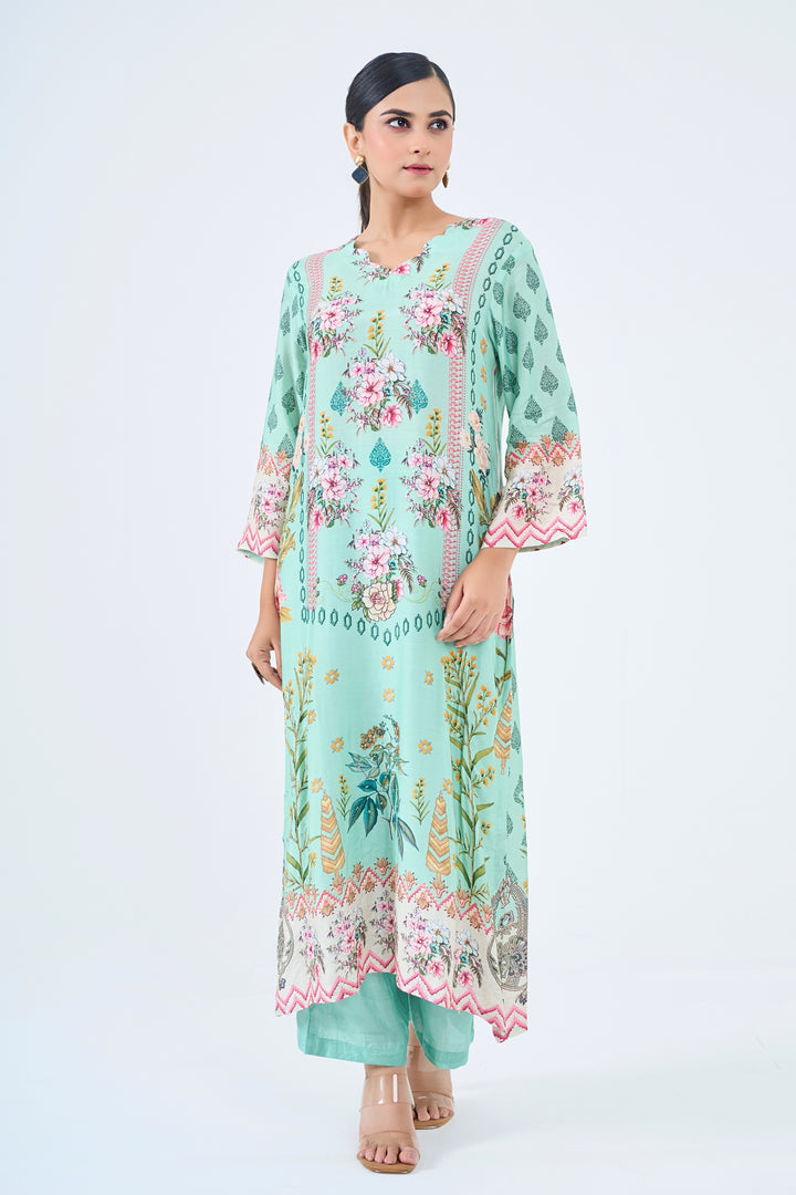 Printed Muslin Silk Kurta &amp; Pant Set – Hand Embroidered - Mint Green
