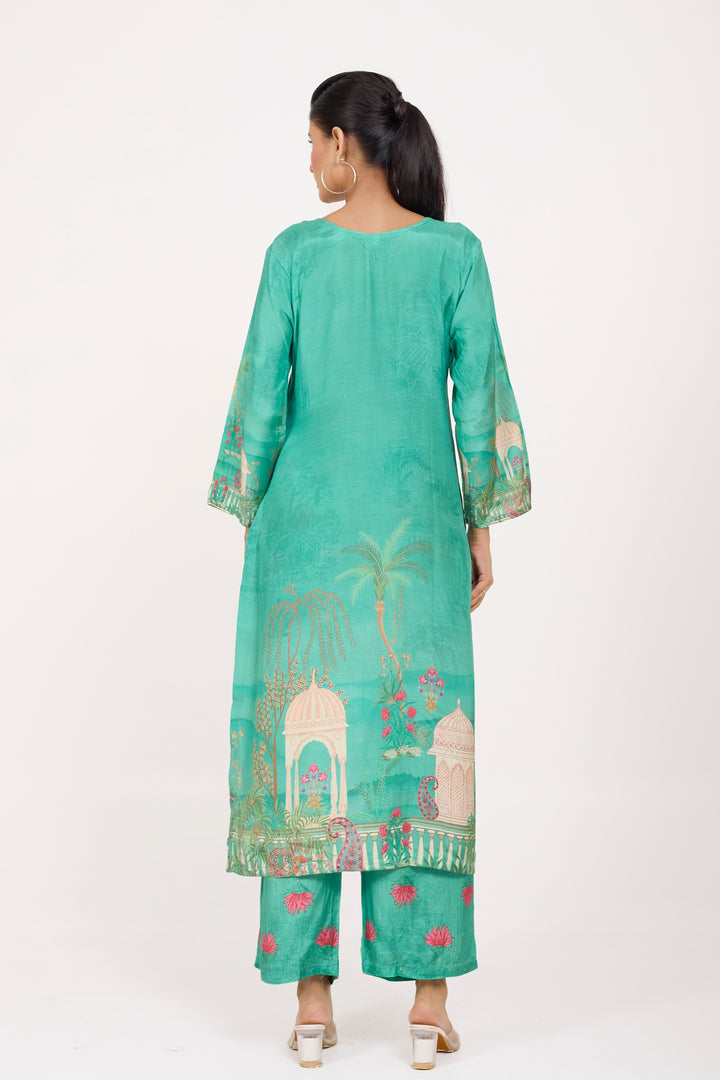Printed Kurta & Pant - Hand Embroidered - Set of 2 - Green - Muslin Silk