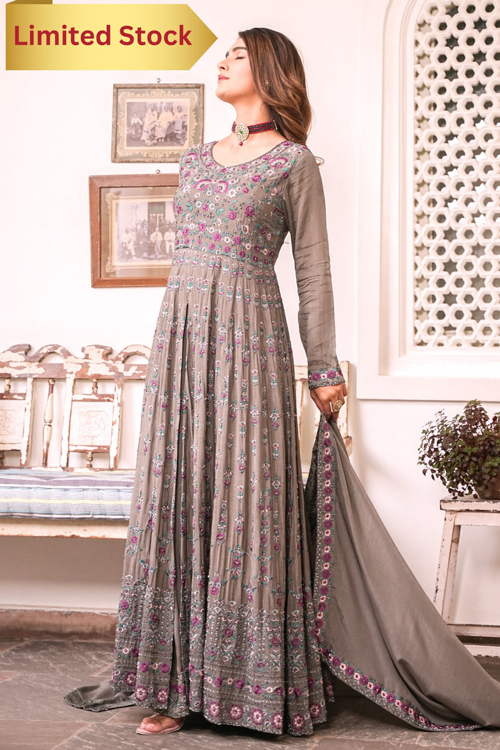 GREY INDO-WESTERN FRONT SLIT GOWN FOR WOMEN- PAIRED WITH LEHENGA & DUPATTA - EMBROIDERED WITH RESHAM & HANDWORK - SET OF 3