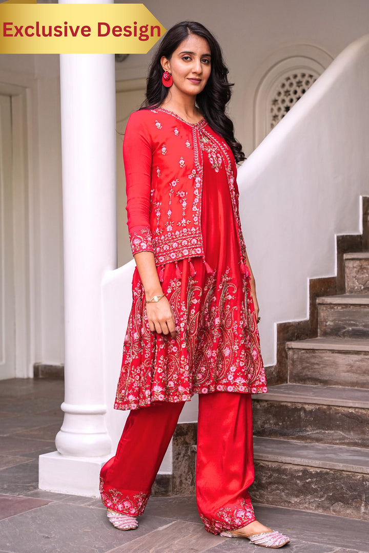 RED SHORT ANARKALI FOR WOMEN- PAIRED WITH PANT & JACKET - EMBROIDERED WITH RESHAM & HANDWORK - SET OF 3