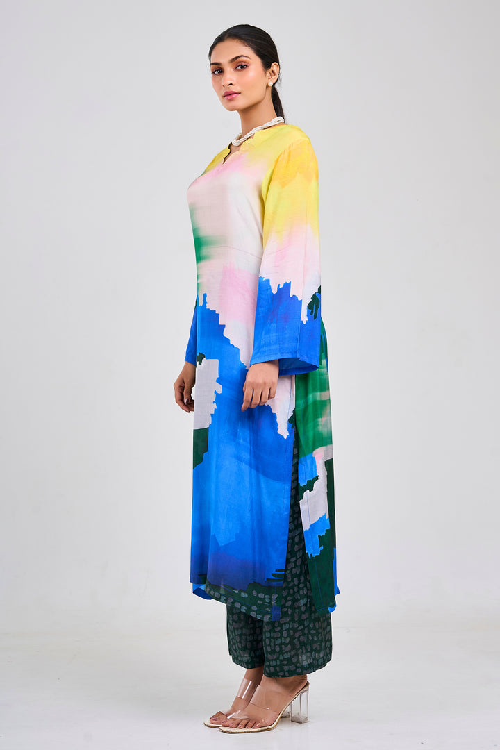 Printed Kurta & Pant - Set of 2 - Multi Colour - Muslin Silk