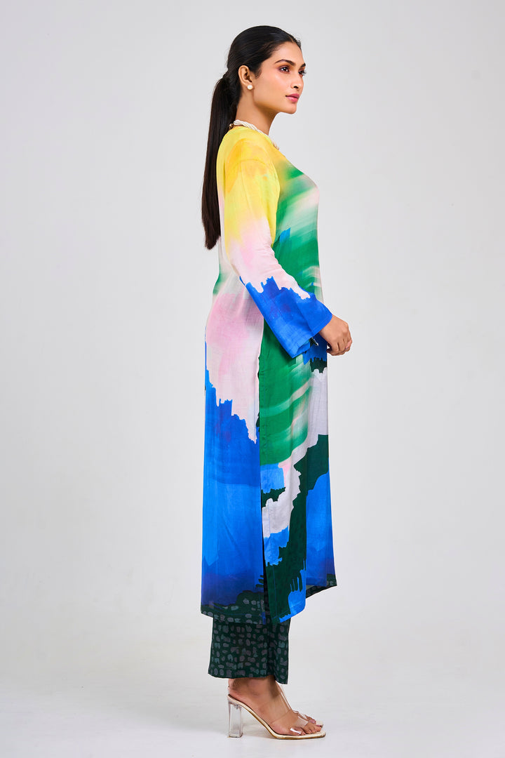 Printed Kurta & Pant - Set of 2 - Multi Colour - Muslin Silk