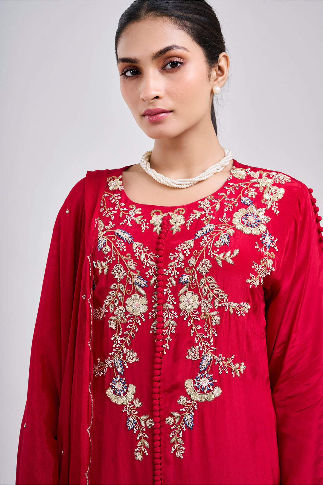 Hand Embroidered Suit Paired with Farshi Salwar - Set of 3 - Red