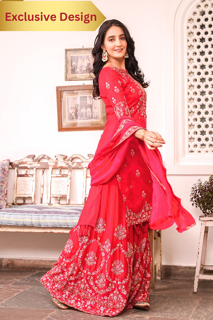 RED KURTA & LEHENGA SET FOR WOMEN - PAIRED WITH DUPATTA - EMBROIDERED WITH RESHAM & HANDWORK - SET OF 3