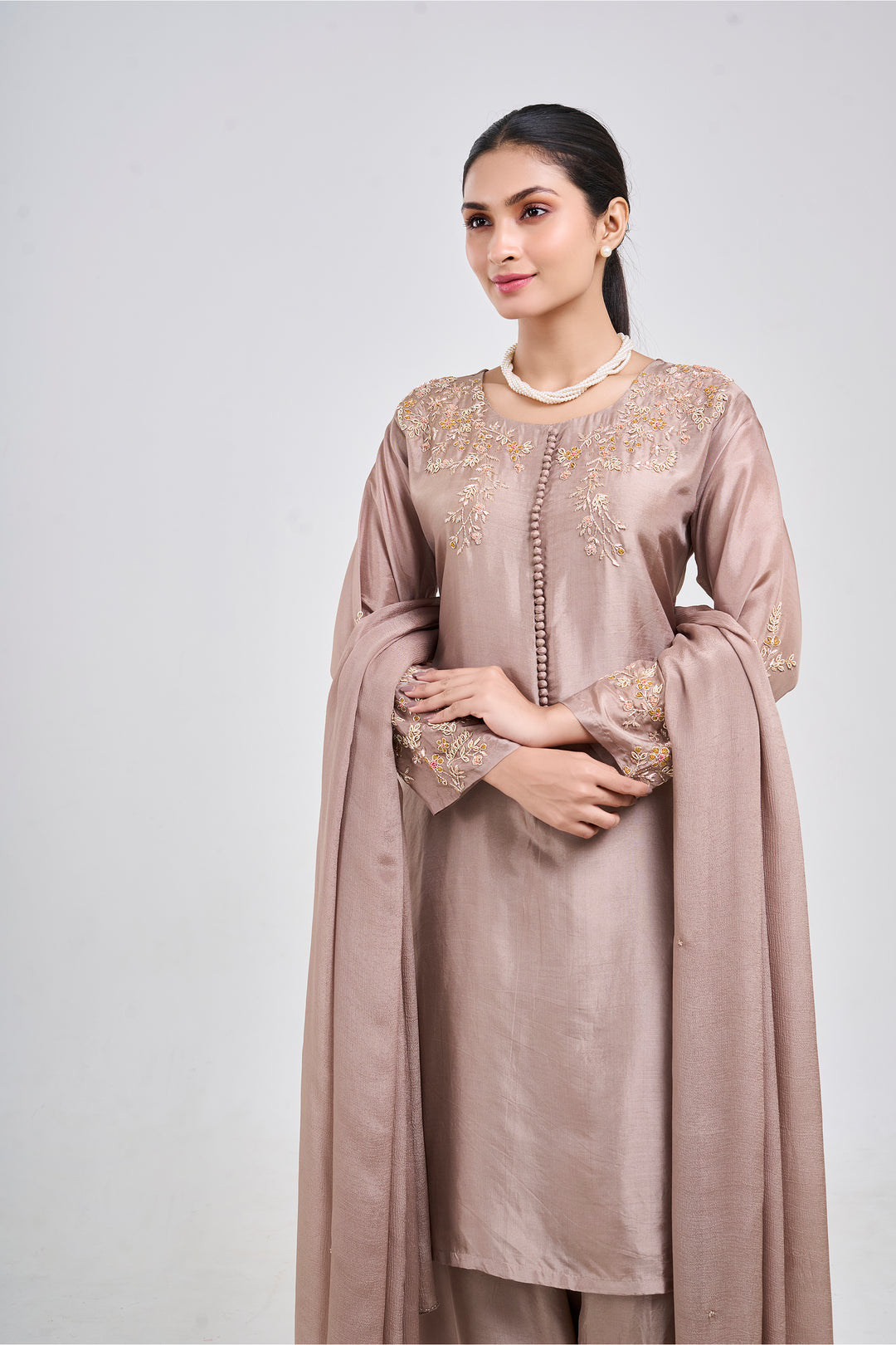 Hand Embroidered Suit Paired with Farshi Salwar - Set of 3 - Metallic Brown