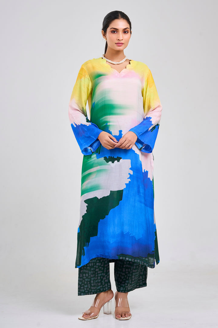 Printed Kurta & Pant - Set of 2 - Multi Colour - Muslin Silk