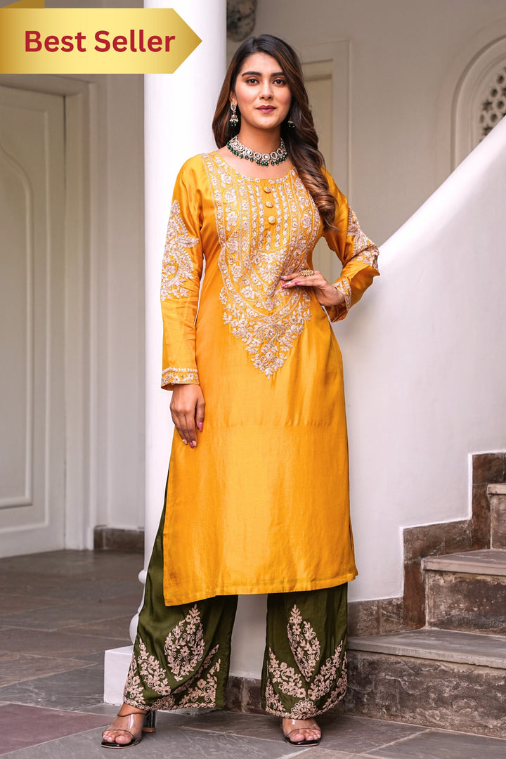 YELLOW STRAIGHT KURTA & PANT SET FOR WOMEN- PAIRED WITH DUPATTA - EMBROIDERED WITH RESHAM & HANDWORK - SET OF 2