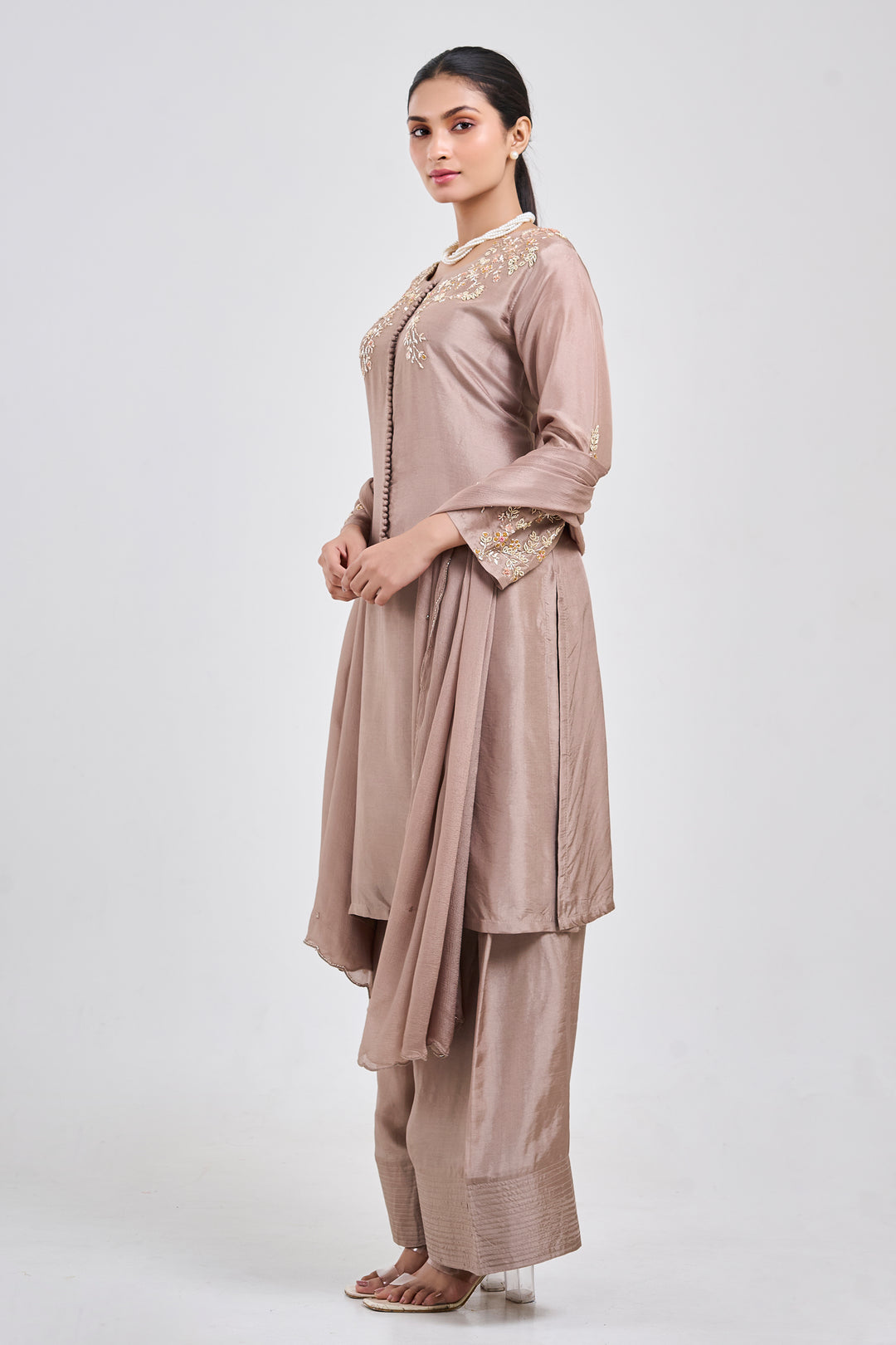 Hand Embroidered Suit Paired with Farshi Salwar - Set of 3 - Metallic Brown