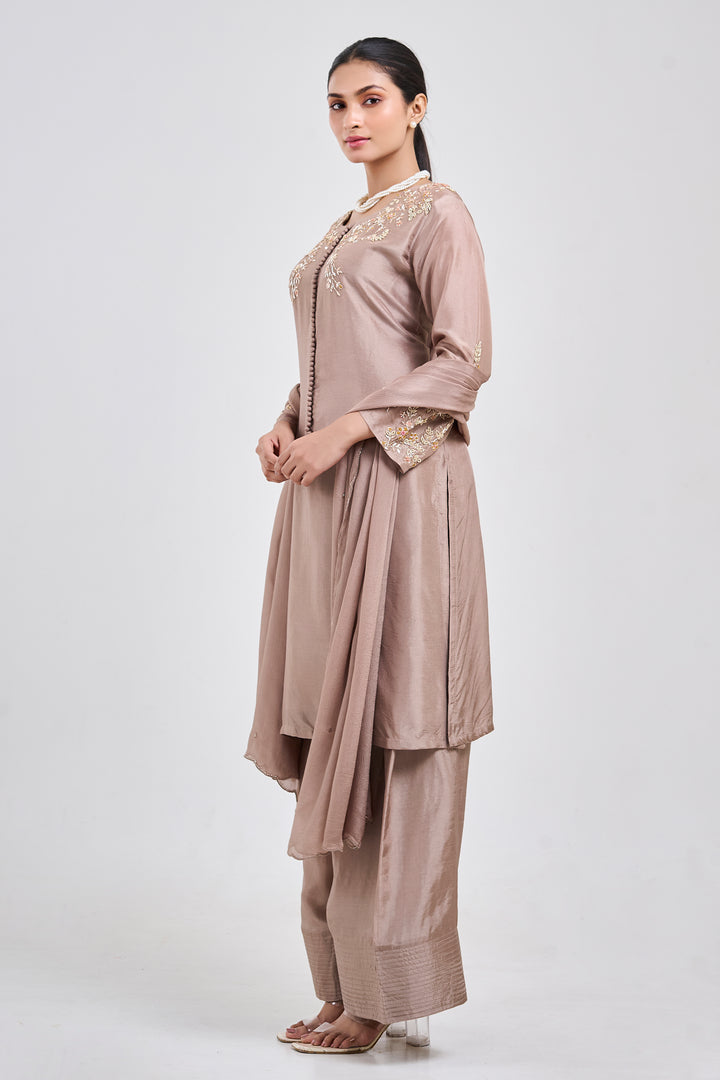 Hand Embroidered Suit Paired with Farshi Salwar - Set of 3 - Metallic Brown