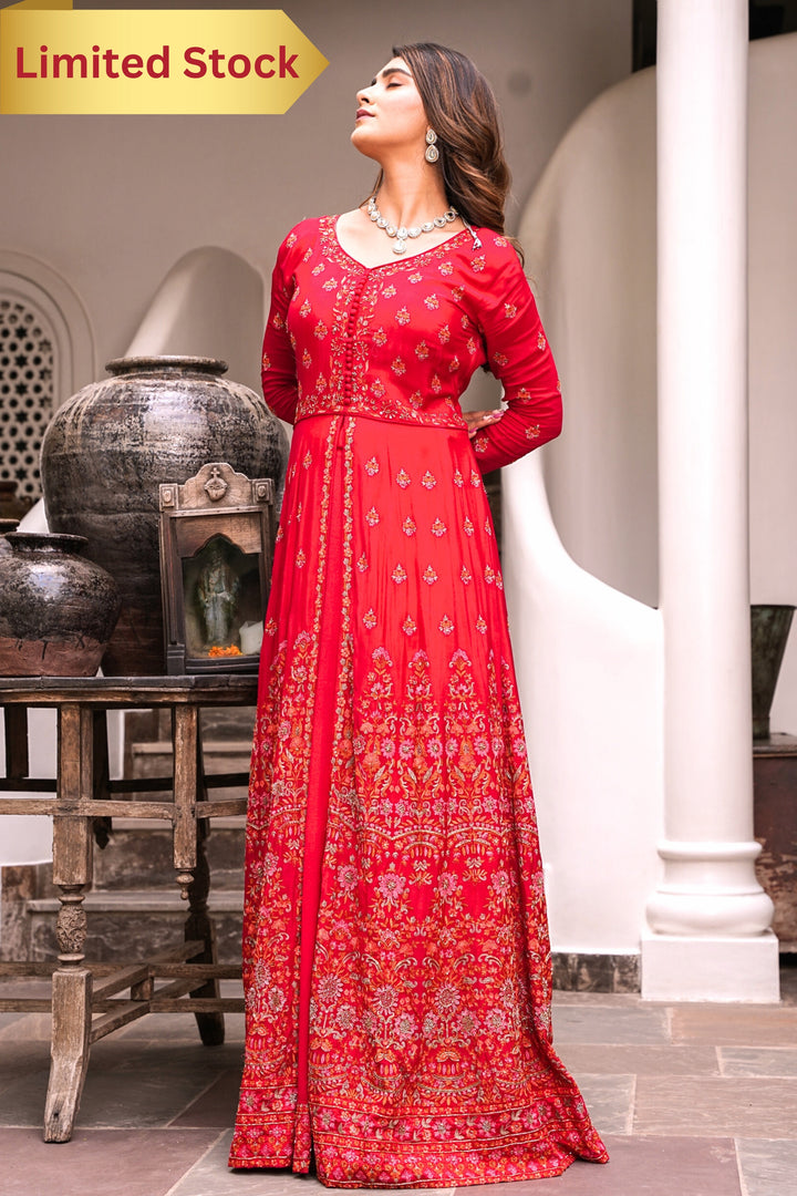 RED INDO-WESTERN FRONT SLIT GOWN FOR WOMEN- PAIRED WITH LEHENGA & DUPATTA - EMBROIDERED WITH RESHAM & HANDWORK - SET OF 3