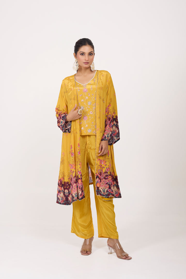 Indo-Western Printed Shrug Set - Hand Embroidered - Set of 3 - Mustard
