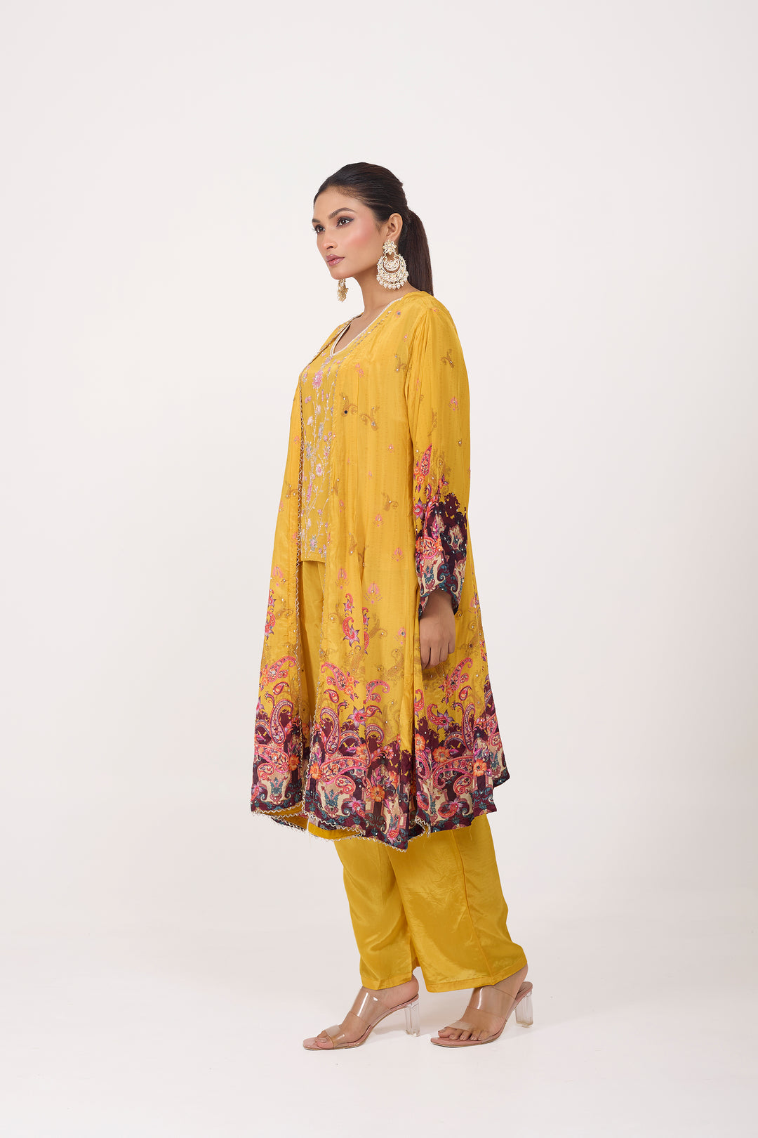 Indo-Western Printed Shrug Set - Hand Embroidered - Set of 3 - Mustard