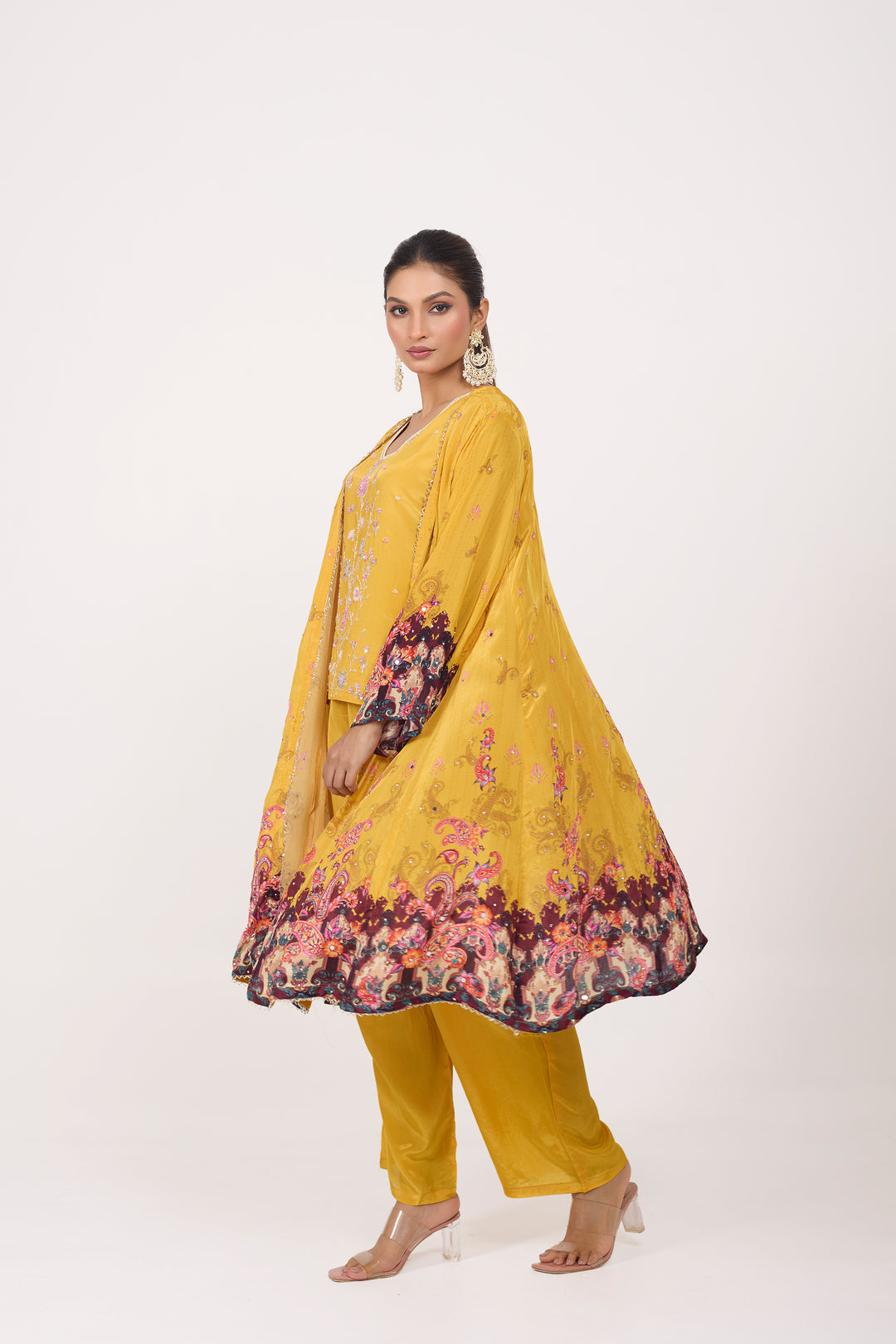 Indo-Western Printed Shrug Set - Hand Embroidered - Set of 3 - Mustard