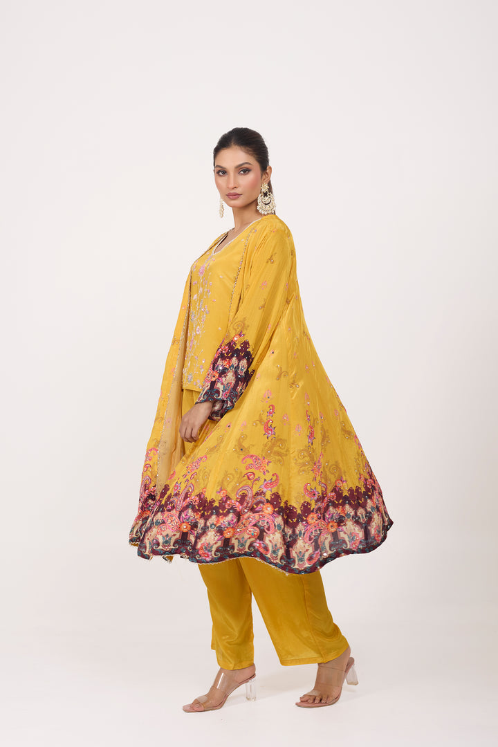 Indo-Western Printed Shrug Set - Hand Embroidered - Set of 3 - Mustard