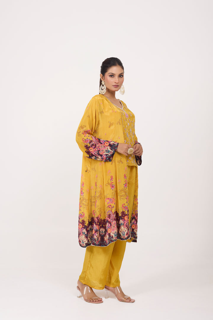 Indo-Western Printed Shrug Set - Hand Embroidered - Set of 3 - Mustard