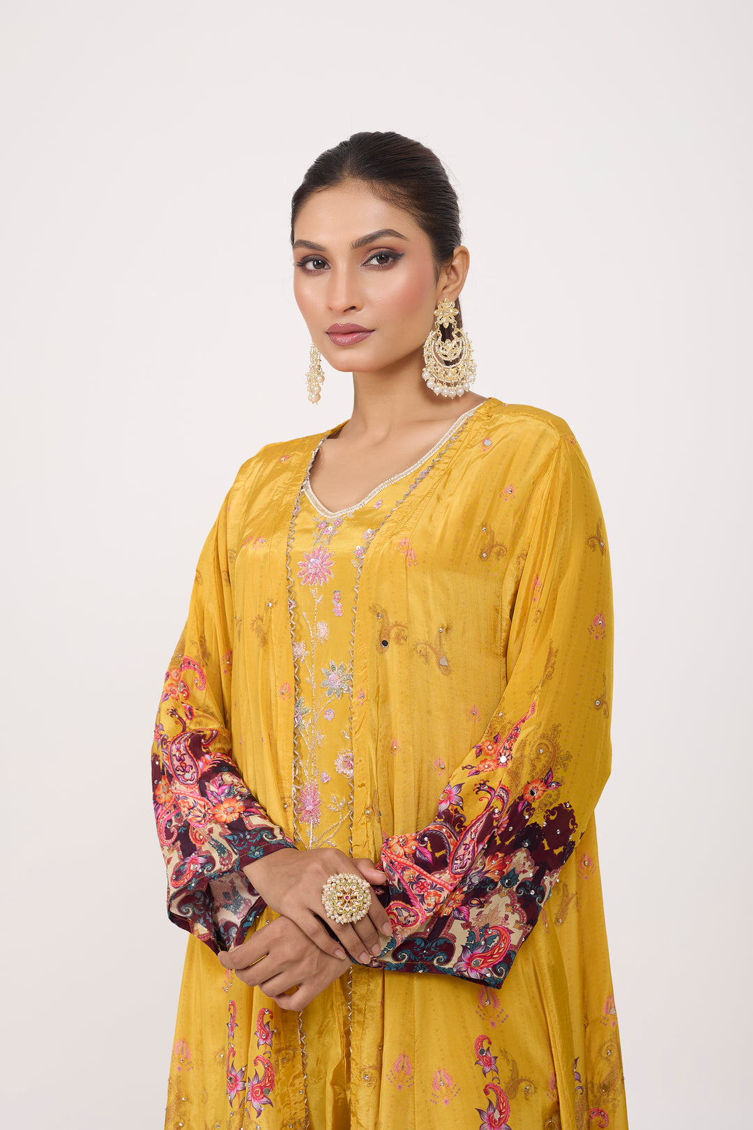 Indo-Western Printed Shrug Set - Hand Embroidered - Set of 3 - Mustard