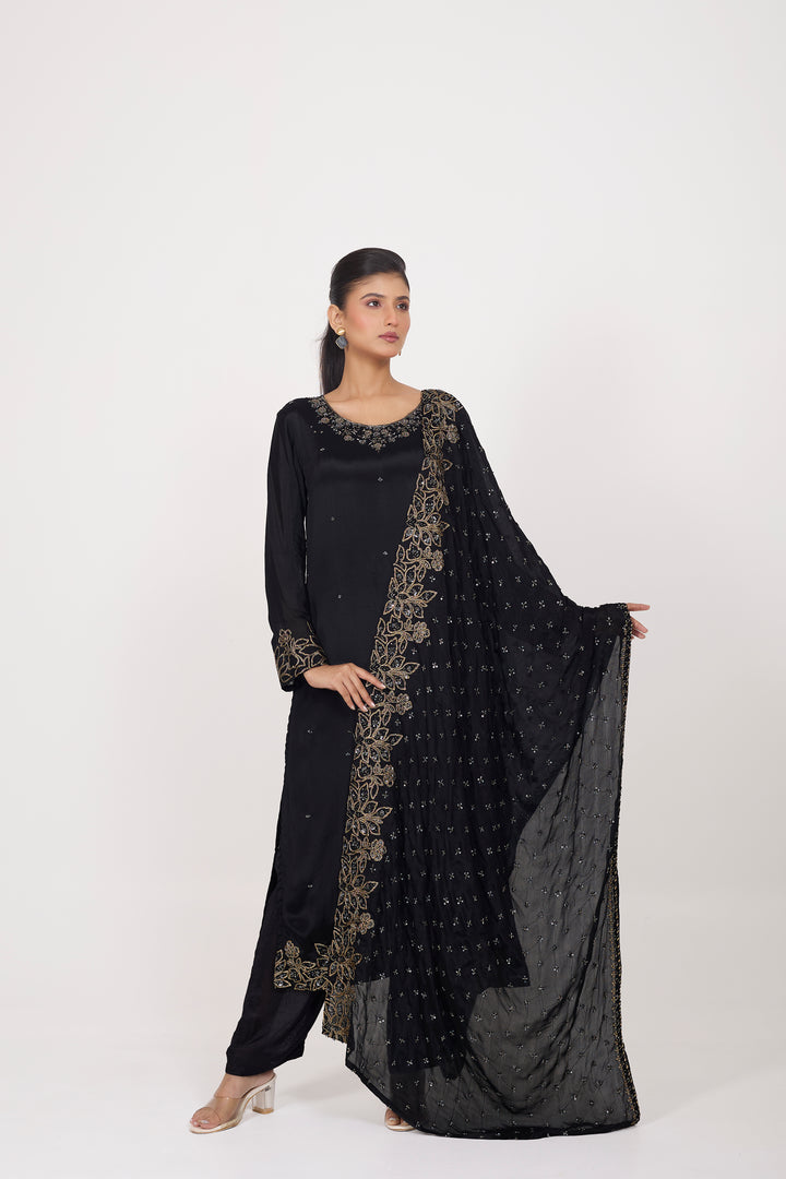Party Wear Suit Set - Hand Embroidered - Set of 3 - Black