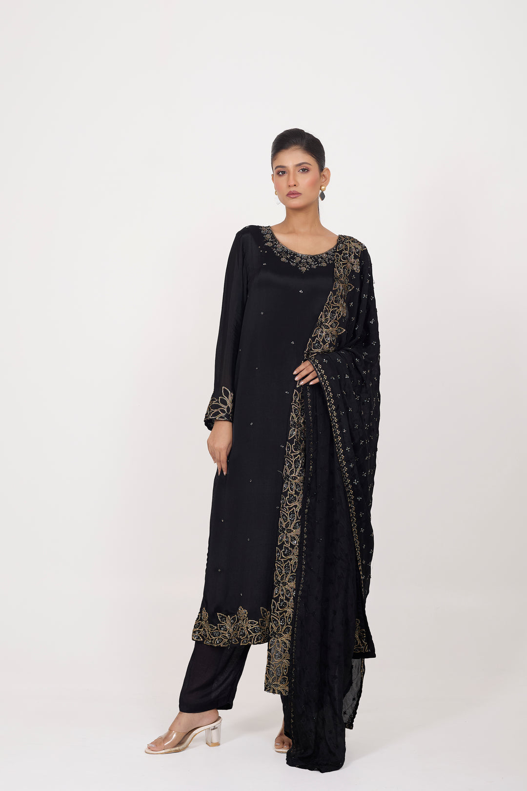 Party Wear Suit Set - Hand Embroidered - Set of 3 - Black