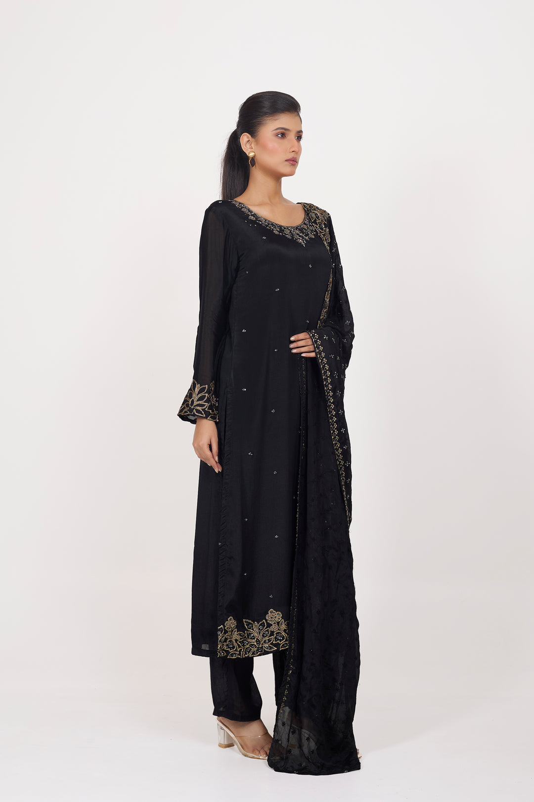 Party Wear Suit Set - Hand Embroidered - Set of 3 - Black