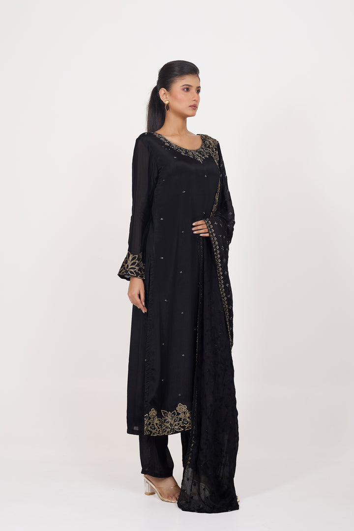 Party Wear Suit Set - Hand Embroidered - Set of 3 - Black