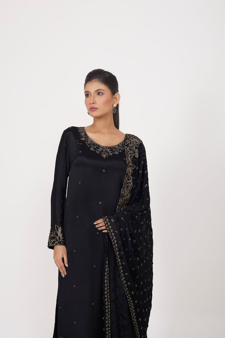 Party Wear Suit Set - Hand Embroidered - Set of 3 - Black