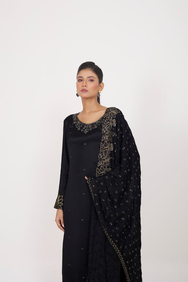 Party Wear Suit Set - Hand Embroidered - Set of 3 - Black