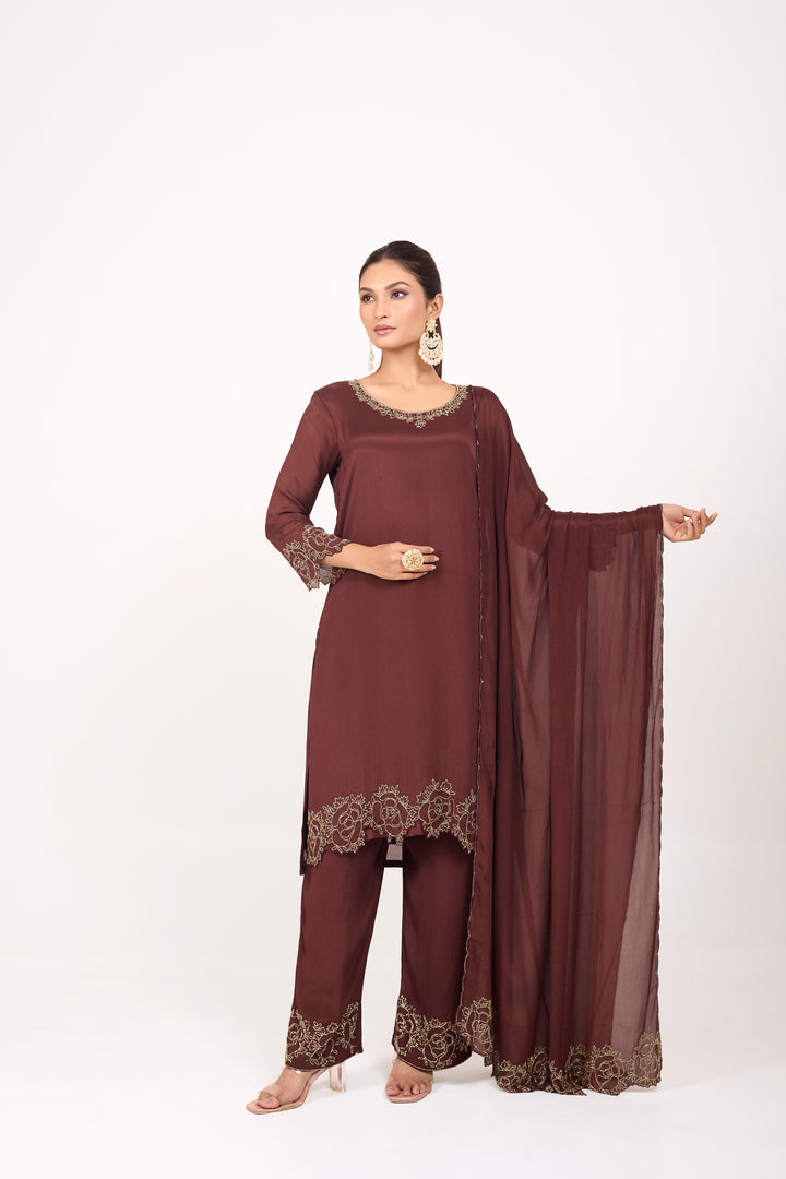 Party Wear Suit Set - Hand Embroidered - Set of 3 - Brown