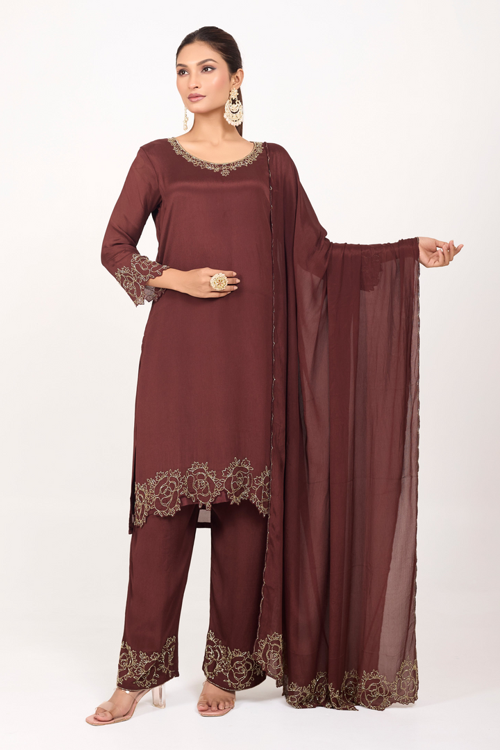Party Wear Suit Set - Hand Embroidered - Set of 3 - Brown