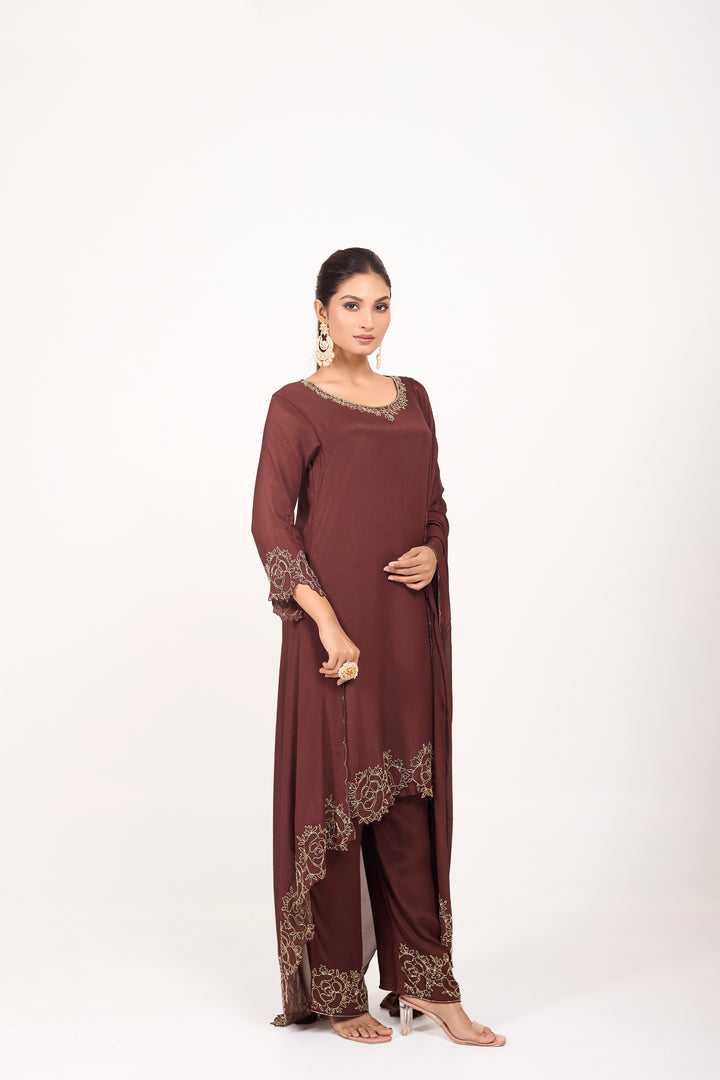 Party Wear Suit Set - Hand Embroidered - Set of 3 - Brown