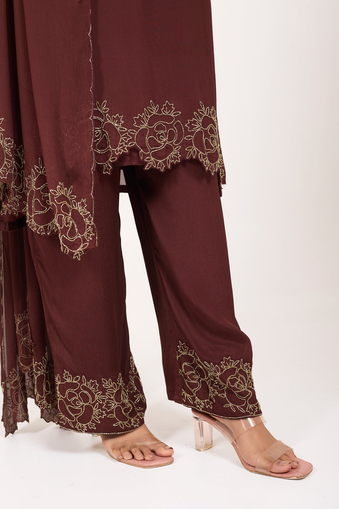 Party Wear Suit Set - Hand Embroidered - Set of 3 - Brown