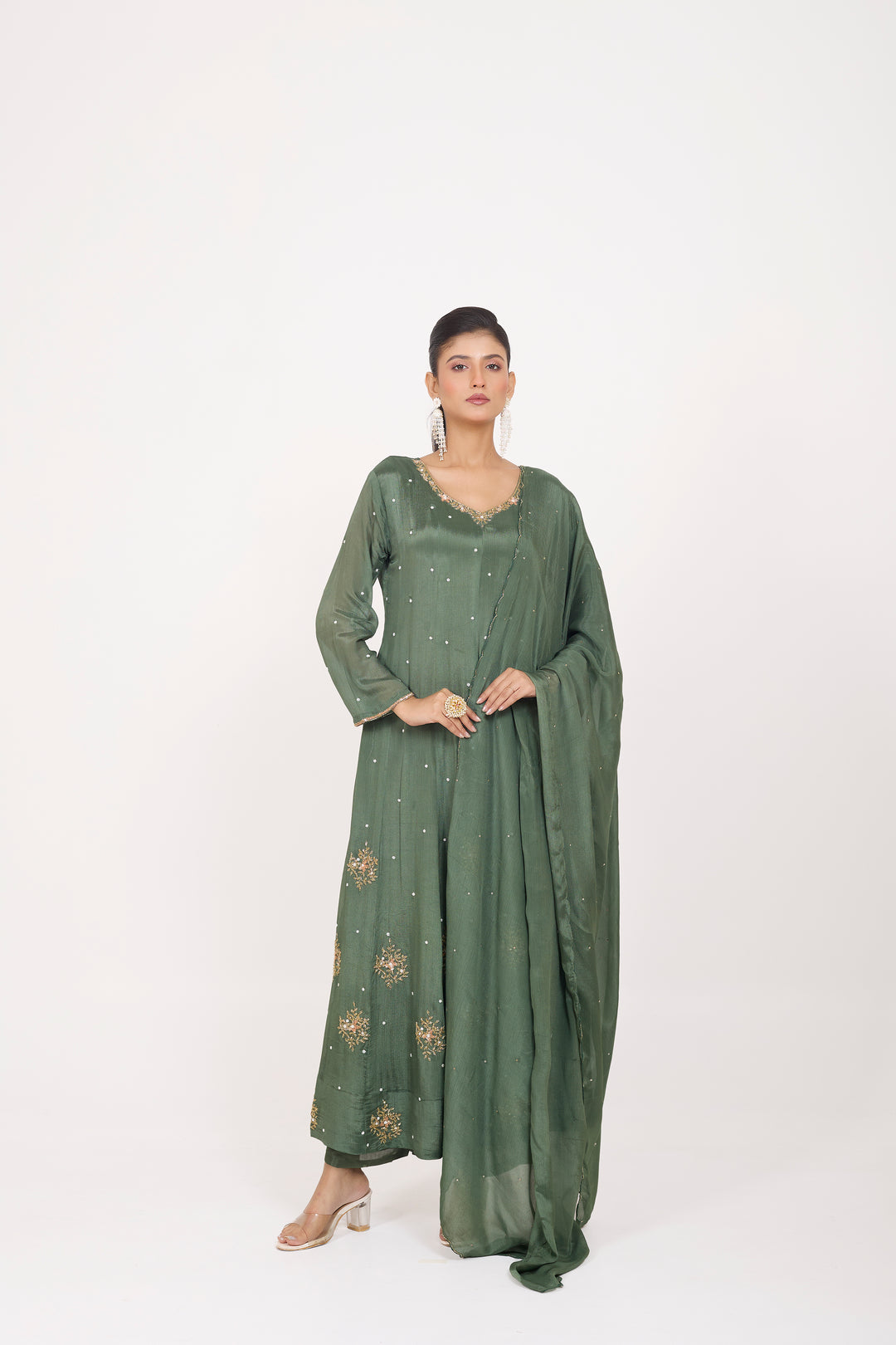 Party Wear Suit Set - Hand Embroidered - Set of 3 - Metallic Green