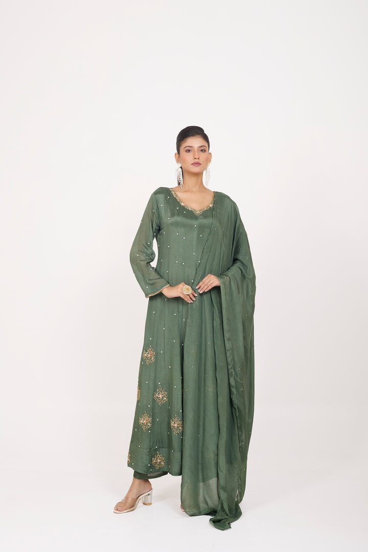 Party Wear Suit Set - Hand Embroidered - Set of 3 - Metallic Green