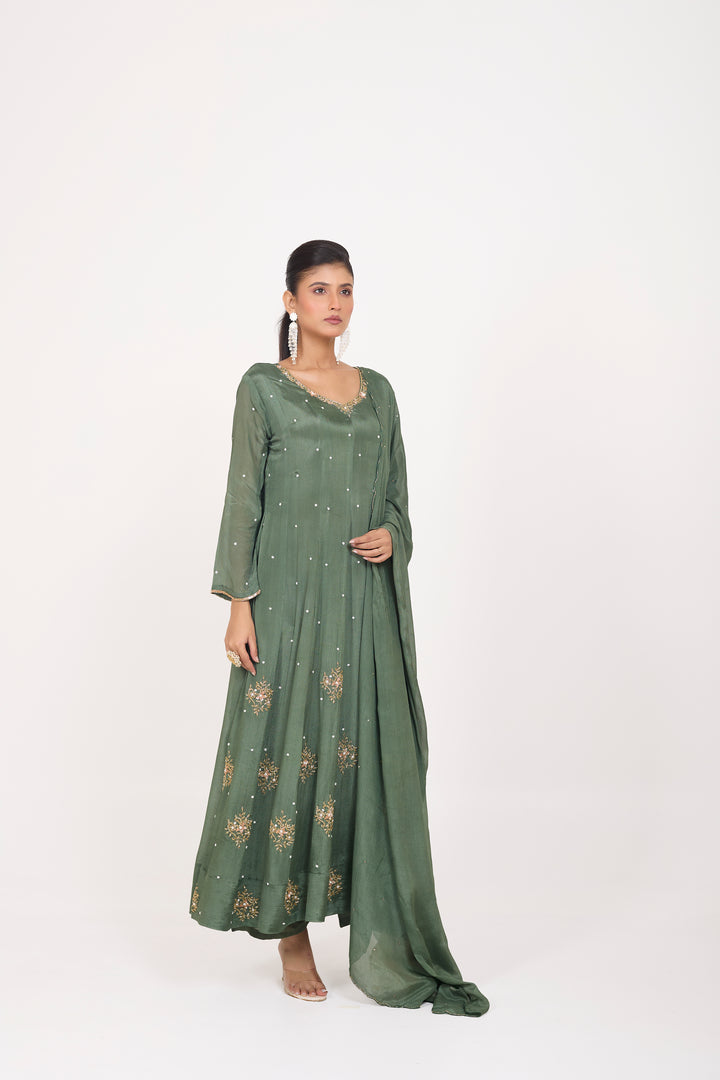 Party Wear Suit Set - Hand Embroidered - Set of 3 - Metallic Green